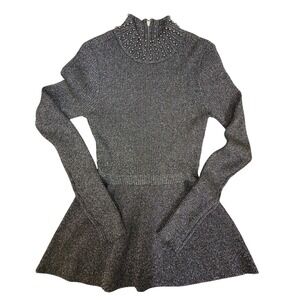 Beldini Black Silver Metallic Studded Mock Neck Peplum Knit Top Sweater Small